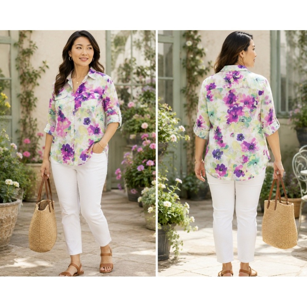 NWT Floral Cottagecore colorful Button Up 100% Shirt Women M Croft‎ & Barrow